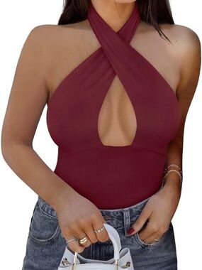 ReoRia Burgundy Asymmetric Cutout Bodysuit